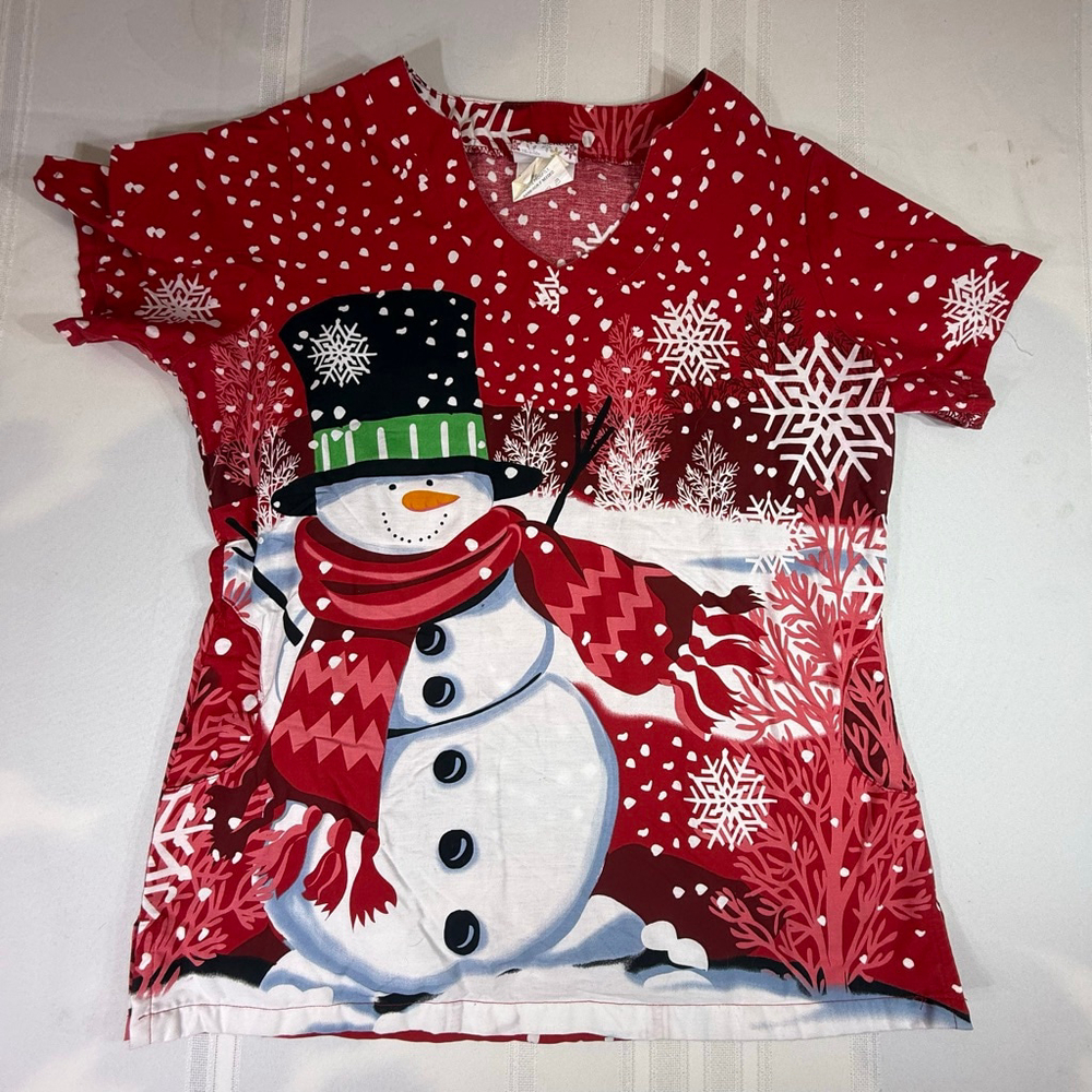 UA Scrubs Red Snowman Winter Scrub Top Size M